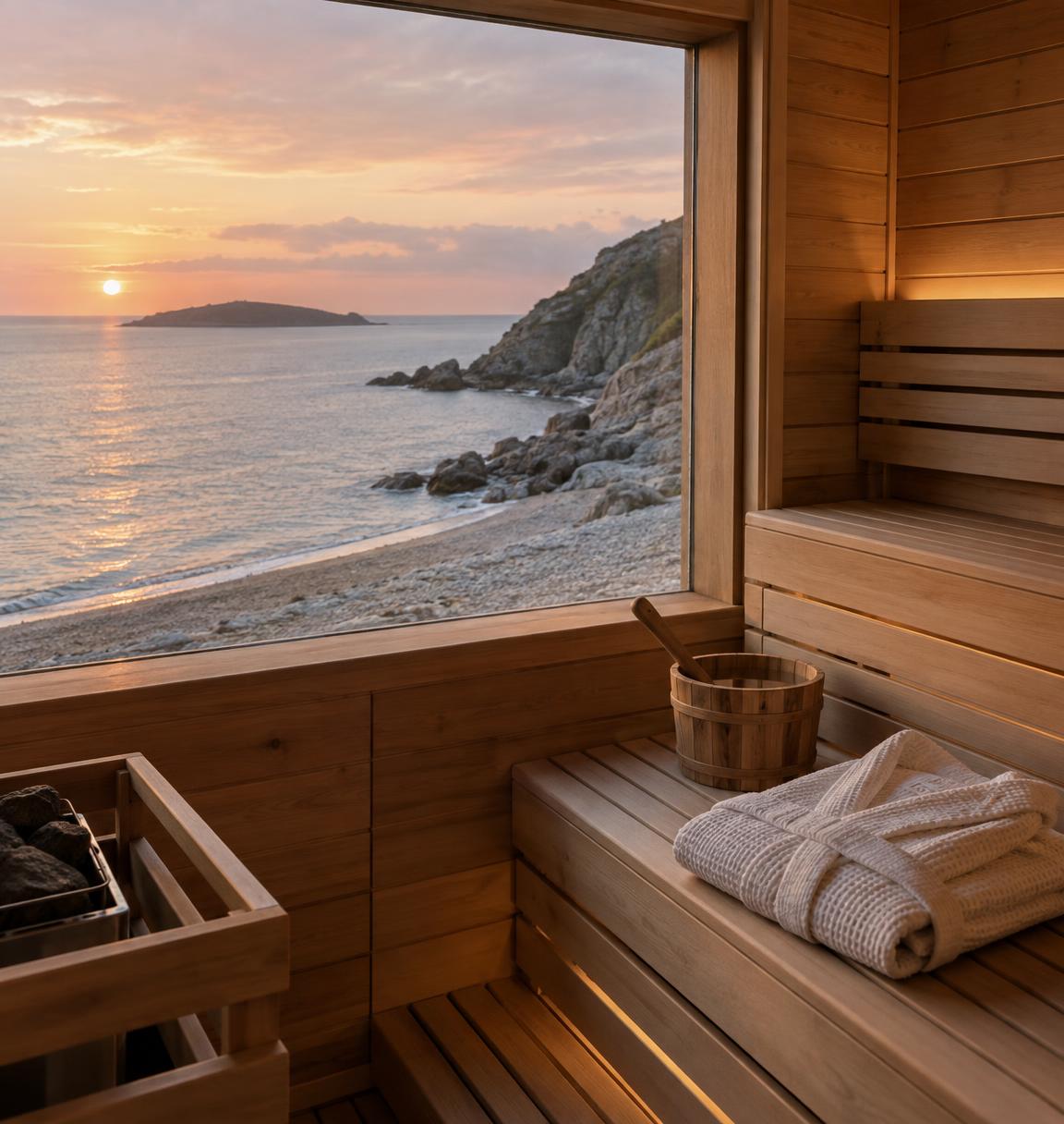 Inside the wood-fired sauna at Killiney, looking out to sea