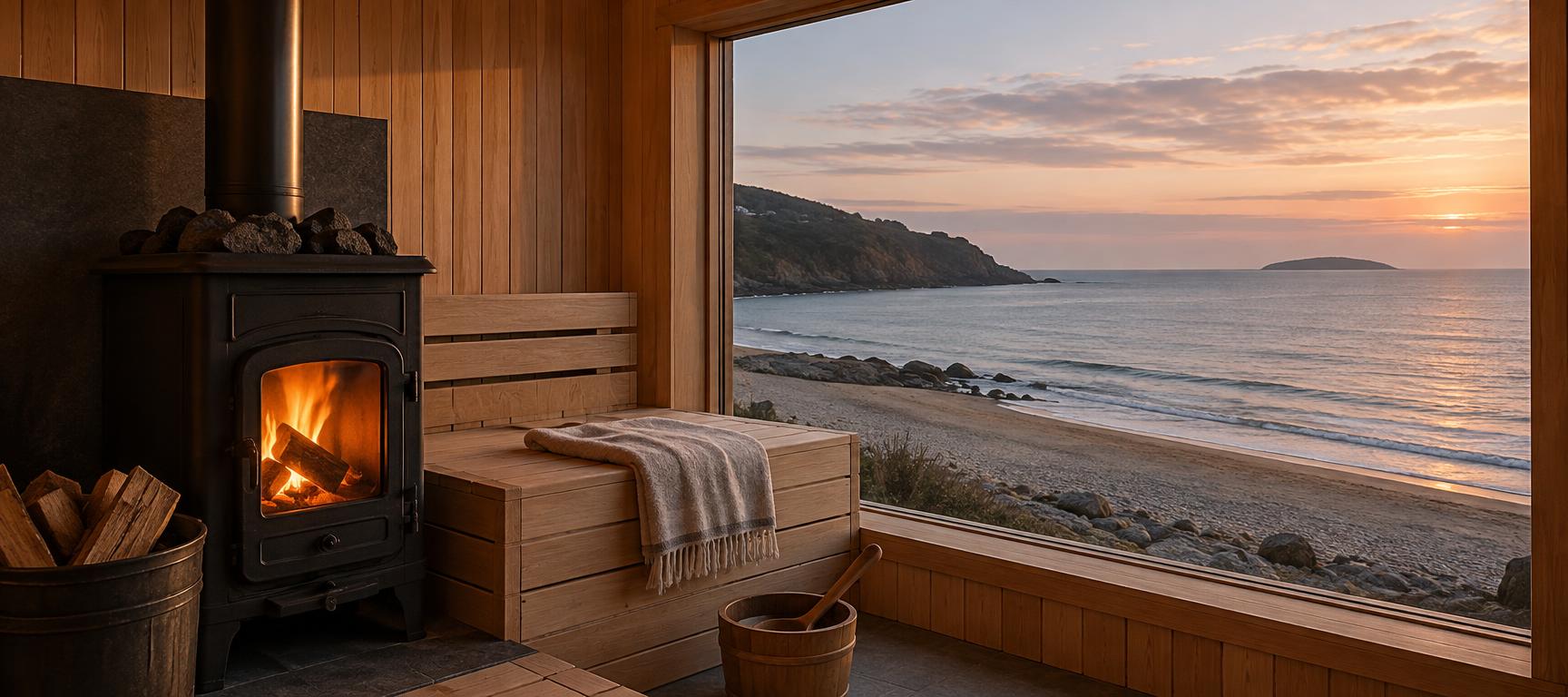 Wood-fired sauna stove with Killiney Beach and the sea through the window